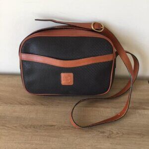 Vintage Bally Crossbody Bag Black Monogram PVC Body Tan Leather Accents "B" Logo